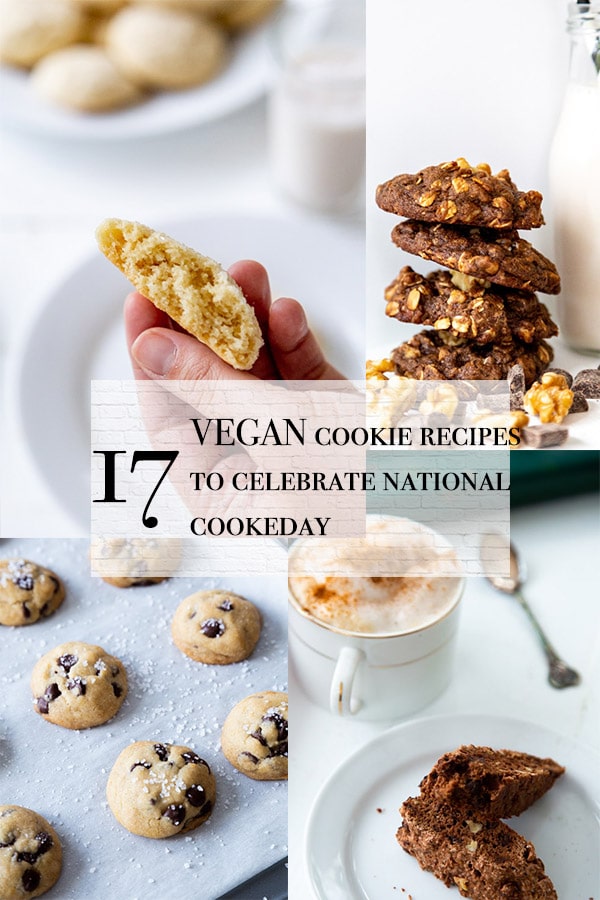 cookie roundup title with chocolate chip cookies, sugar cookies, biscotti, and double chocolate nut cookies all vegan