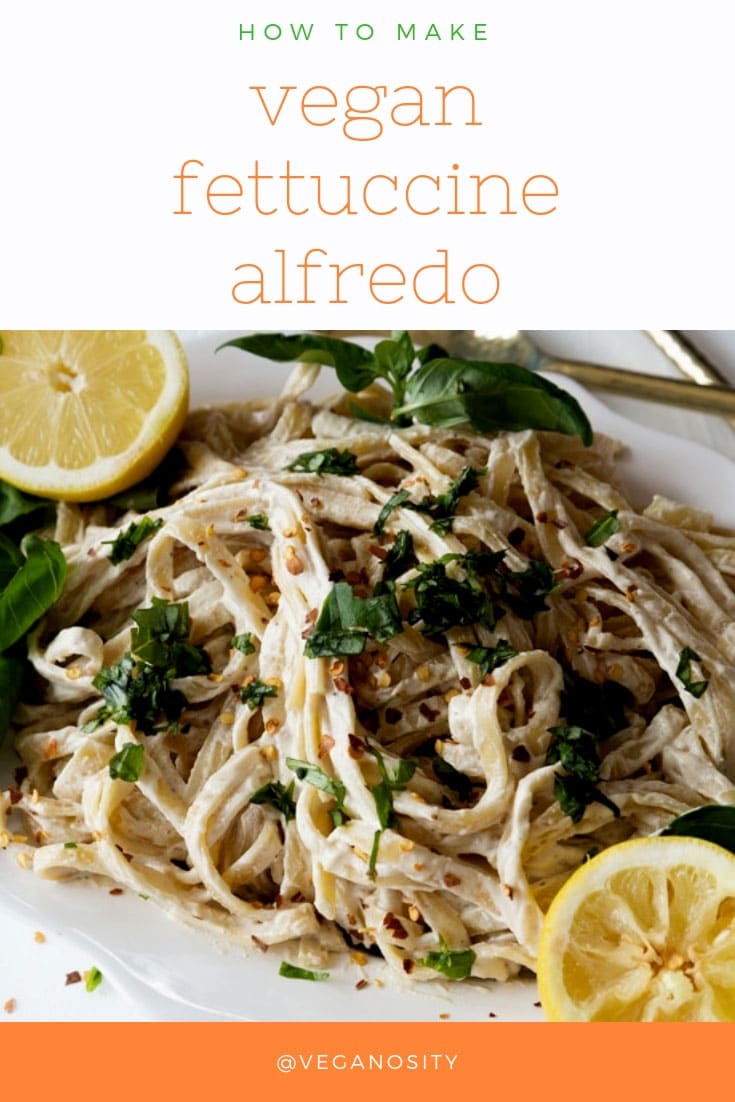 Our vegan Alfredo sauce has all of the tang that you'll find in that made with dairy, only it's zero cholesterol and delicious! #dairyfreealfredosauce #veganalfredosauce #fettuccinealfredo