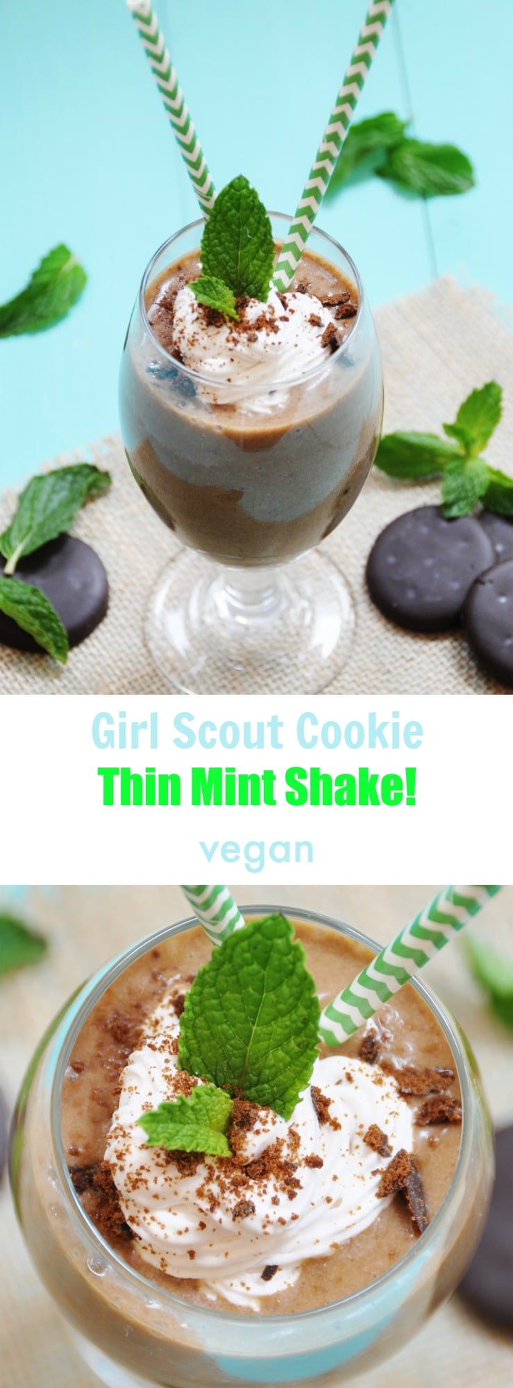 Vegan Girl Scout cookie shake made with thin mint cookies! The perfect dairy-free milkshake dessert!