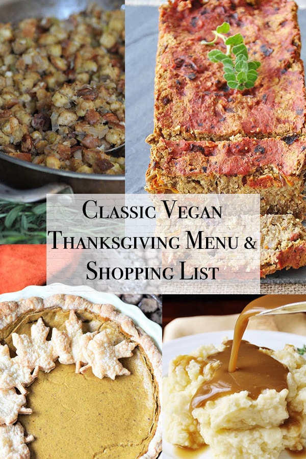 classic vegan thanksgiving cover with vegan pumpkin pie, vegan gravy, vegan stuffing, and vegan lentil loaf