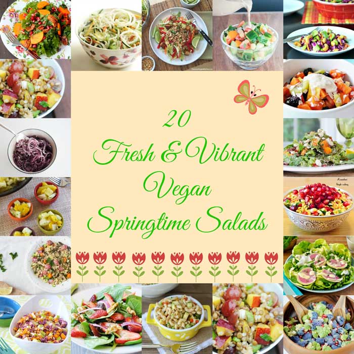 20 Fresh and Vibrant Vegan Springtime Salads! Plus two extra recipes for good measure. All colorful, delicious, and from your favorite vegan food bloggers. www.veganosity.com