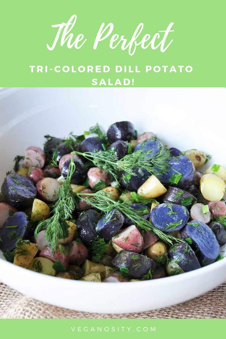 Learn how to make the perfect dill potato salad with baby tri-colored potatoes! #potatosalad #dill