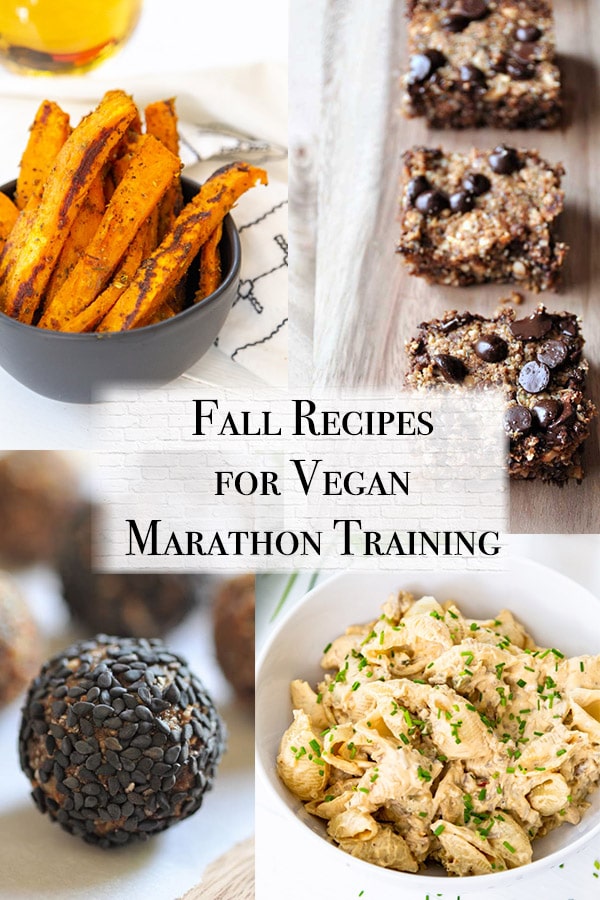 fall vegan marathon training meal plan with vegan buffalo chick'n mac n cheese, raw apple energy bites, protein bars, and cajun sweet potato fries