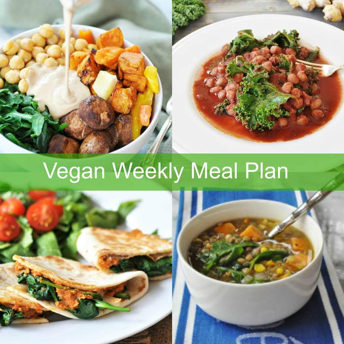 Vegan Weekly Meal Plan Collage with a root vegetable bowl, chickpeas marsala, quesadillas, and soup