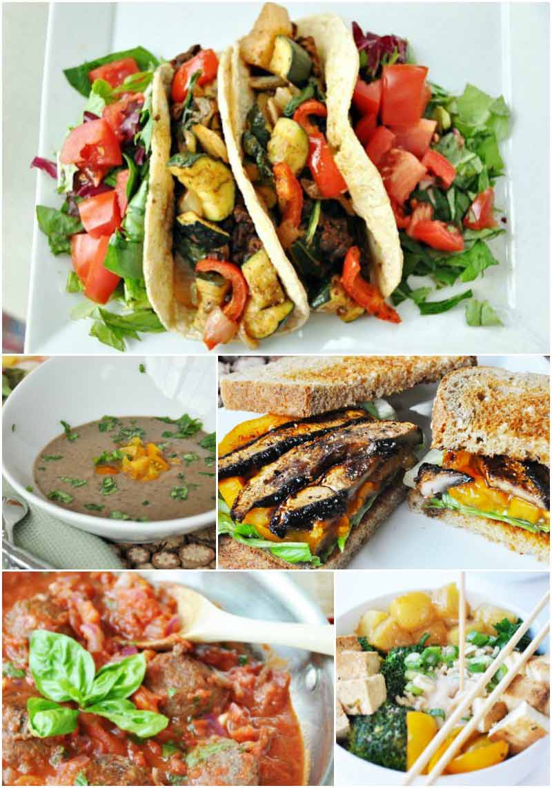 Vegan meal plan. 5 nights of healthy vegan dinners, tacos, black bean soup, BLT, meatballs, and Asian vegetable bowl