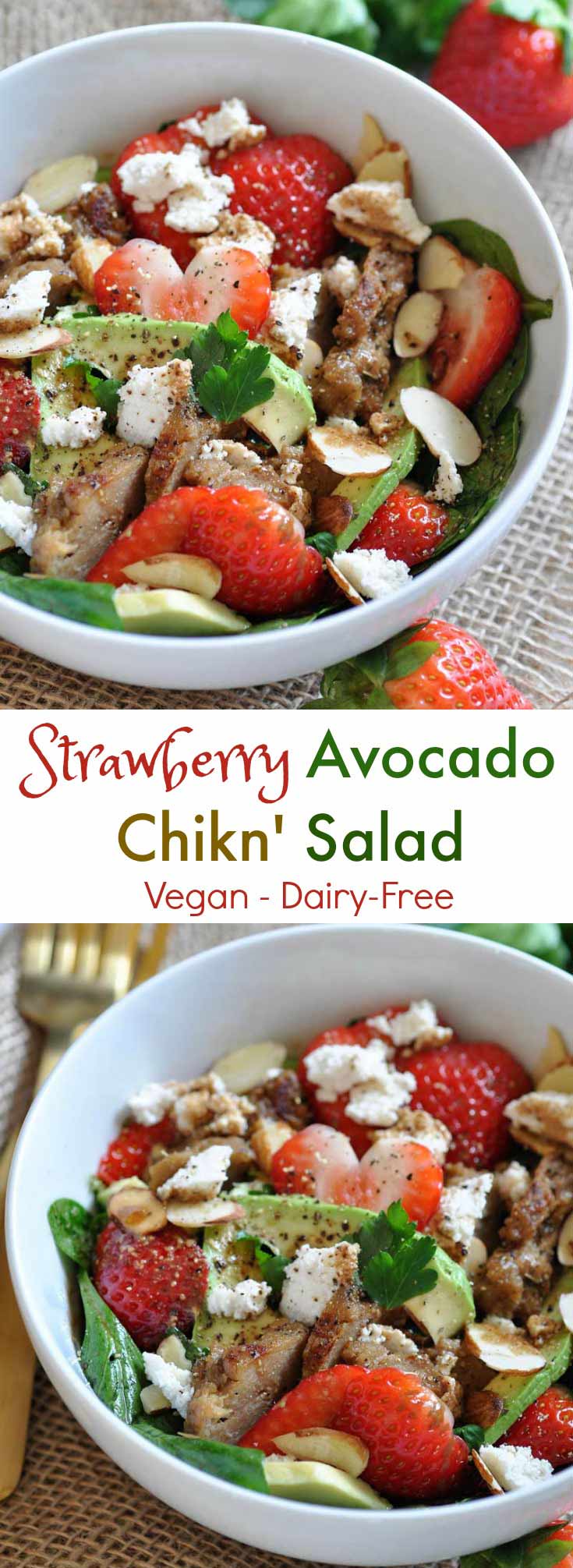 Fresh strawberries, avocado, spinach, and seitan chicken salad! Healthy, vegan, and dairy-free, perfect for a quick lunch.