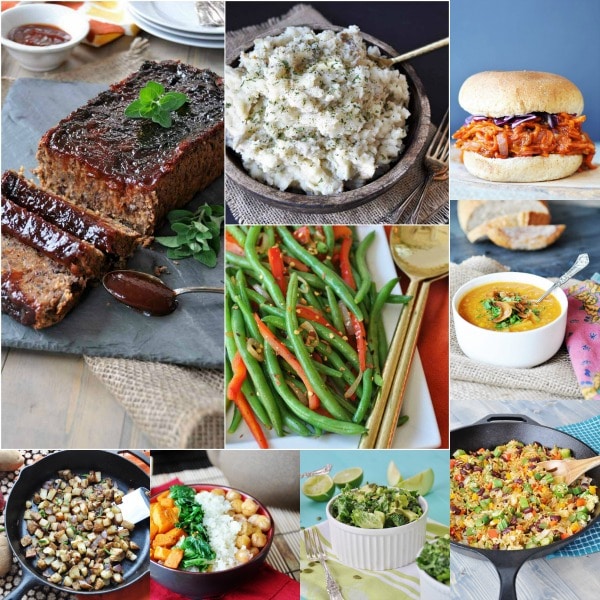 a collage of vegan "meatloaf," mashed potatoes, BBQ carrots, corn chowder, green beans, and salad