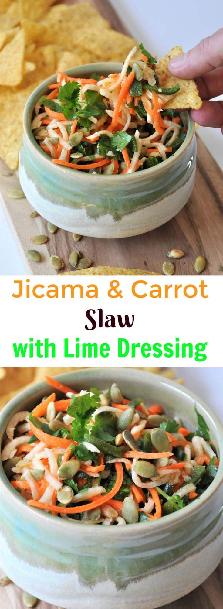 Jicama, carrots, Pablano pepper, in a refreshing lime dressing, topped with roasted pepitas! The perfect slaw salsa appetizer!