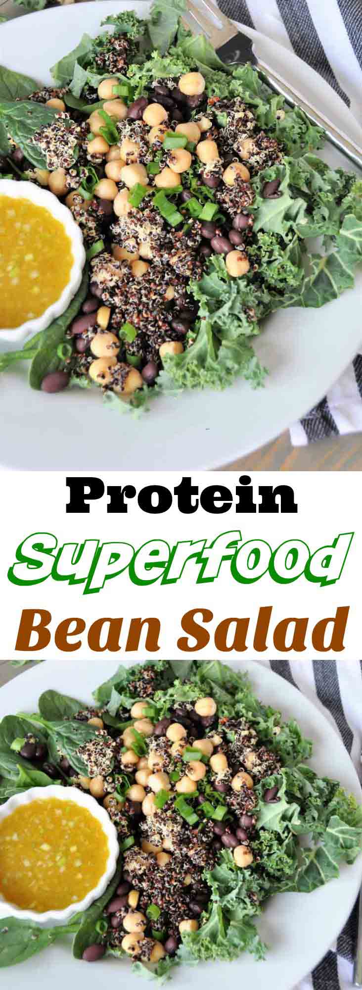 A protein packed superfood salad with black beans and chickpeas, kale and spinach. Healthy, delicious, and perfect for lunch or dinner.