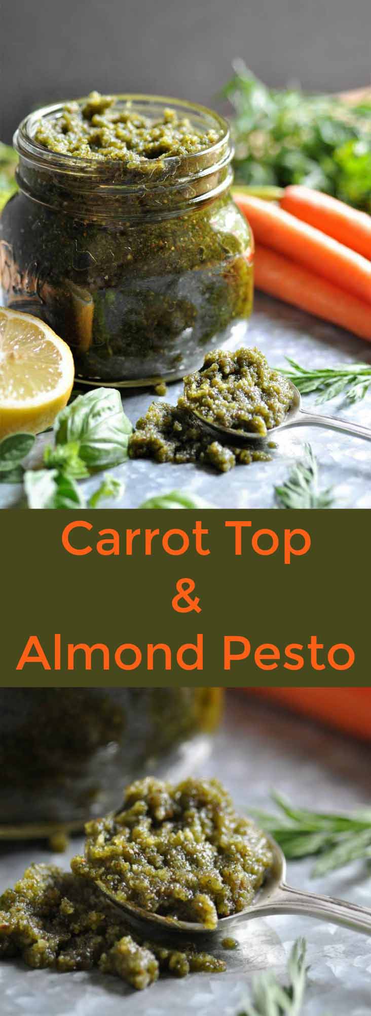 Easy, quick and no waste, carrot top greens and roasted almond pesto. Only 7 ingredients!