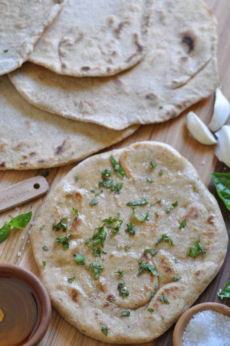 Garlic vegan flatbread. Yeast, egg, and dairy-free.