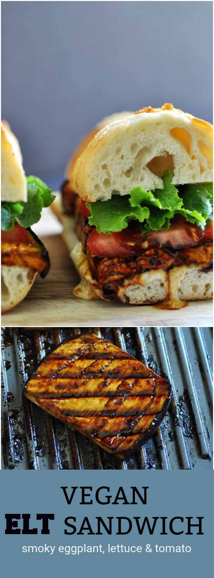 Smoky eggplant, lettuce, and tomato sandwich! The perfect easy vegan dinner.