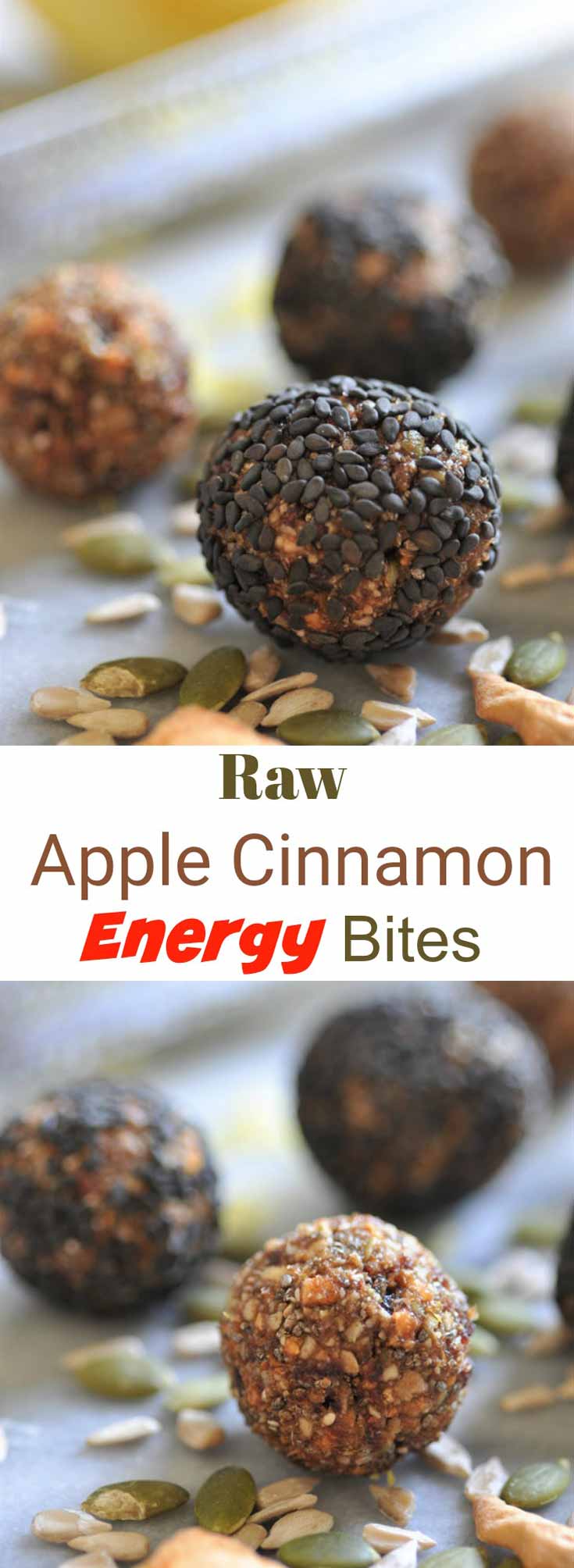 A Pinterest pin for apple cinnamon energy bites with two pictures of the bites.
