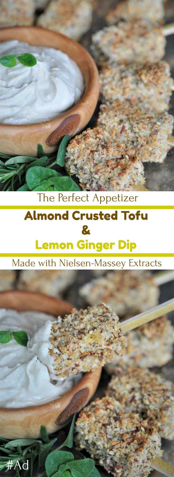 Crunchy and delicious almond crusted tofu bites with a creamy lemon ginger dip. Sponsored by Nielsen-Massey.