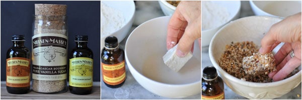 A photo of Nielsen-Massey products, dipping a tofu square in almond milk, dipping a tofu square in almond crust