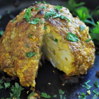 Middle Eastern Shawarma spice blend and a whole roasted cauliflower take this vegetable to another culinary level.