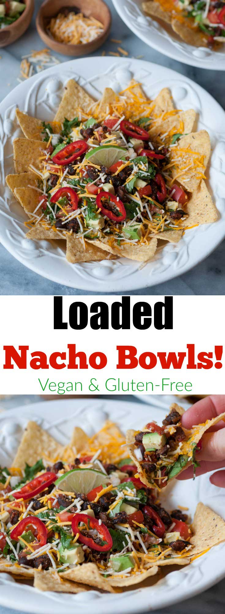 Vegan Nacho Bowls, loaded with spicy black beans, veggie salsa, avocado, vegan cheddar Jack, and a whole lot of yum! Perfect for a Taco Tuesday dinner or an appetizer.