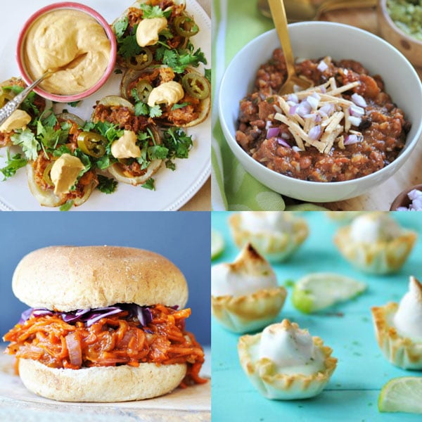 Food for the Super Bowl. Vegan Potato Skins, Chili, Pulled Carrot BBQ and Lime Tarts