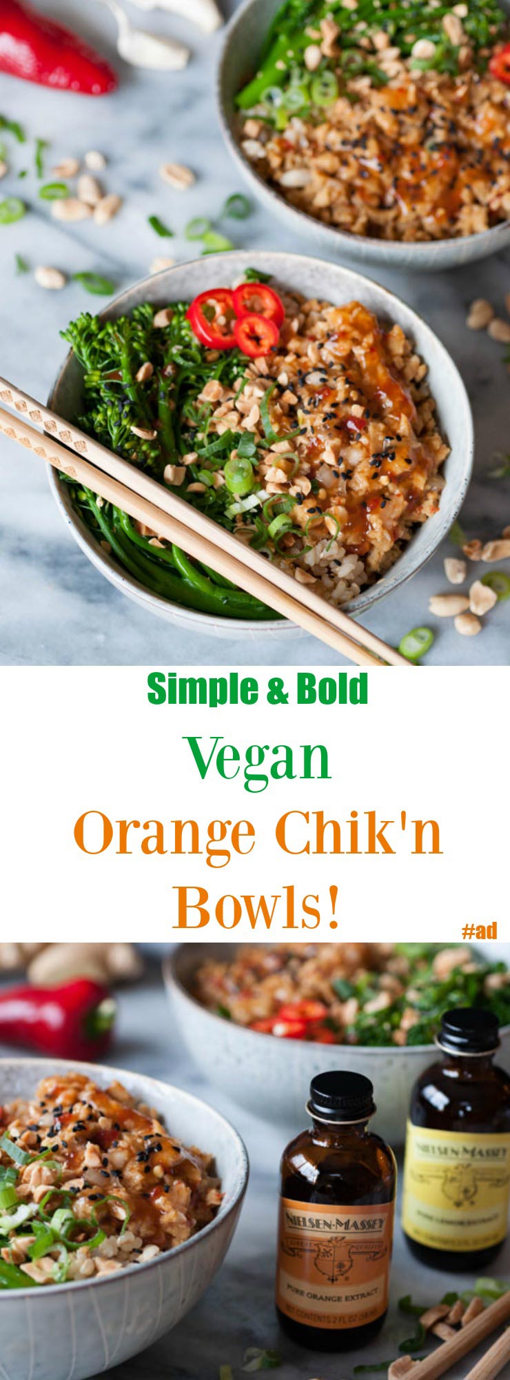 Spicy Vegan Orange Chik'n Bowls! A homemade orange sauce made with Nielsen-Massey extracts and seitan for the chik'n. An easy and delicious dinner that's refined sugar-free