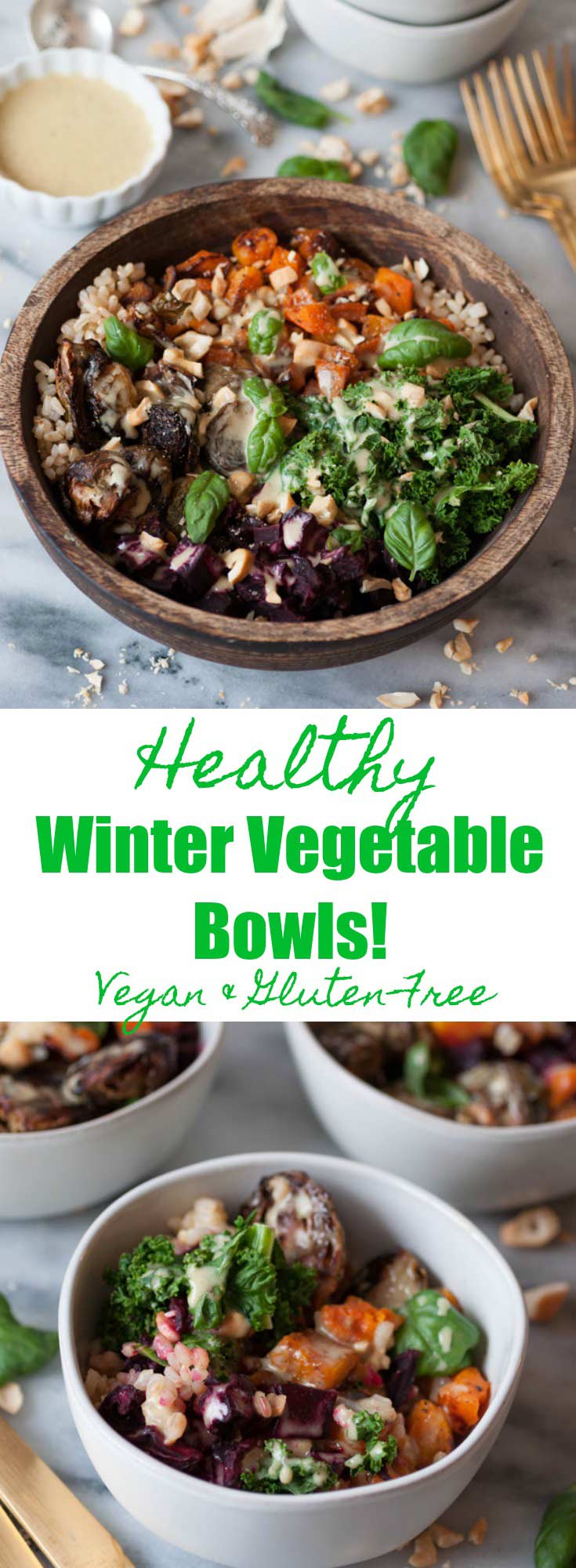 Healthy Winter Vegetable Bowls! Roasted beets, butternut squash, Brussels sprouts, and kale with a maple mustard dressing. The perfect winter meal.