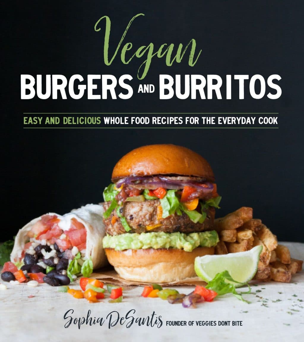 Book cover for Vegan Burgers and Burritos with a burger with avocado and a burrito and fries on the side