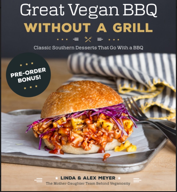 Cover for Pre-Order Bonus for Great Vegan BBQ Without a Grill. Picture of a BBQ sandwich on a silver tray with a striped napkin