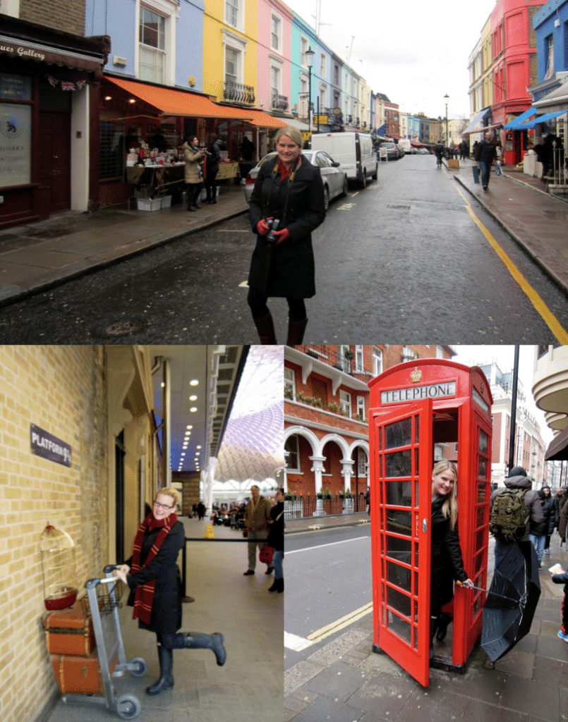 Pictures of Alex in London in a phone booth, at platform 9 3/4, and at portobello market
