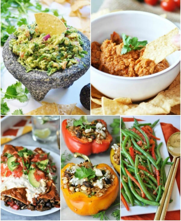 A Father's Day recipe collage with guacamole, spicy hummus, enchiladas, stuffed peppers and spicy green beans