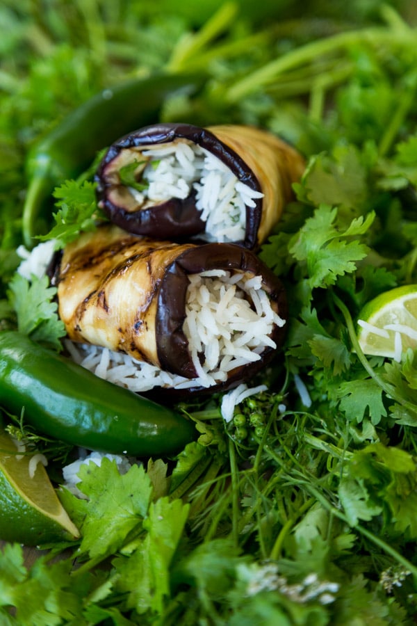 eggplant rice roll up on a bed of greens with jalapeno 