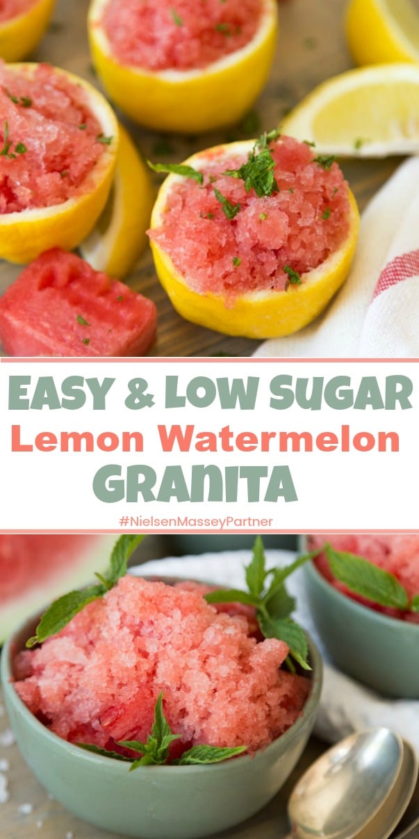 Simple 3 ingredient Lemon Watermelon Granita! A low sugar frozen dessert made with Nielsen-Massey Pure Lemon Paste and Pure Organic Orange Extract. #vegan #dessert #watermelongranita