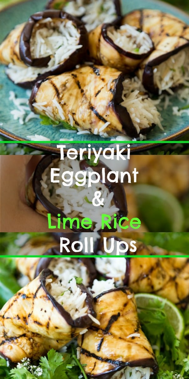 These healthy Teriyaki Eggplant and Cilantro Lime Rice Roll Ups are so delicious and easy to make. Perfect for a light summer dinner or appetizers. #vegan #eggplant #rice