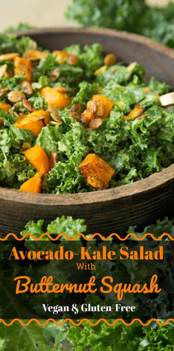 This healthy salad is made with roasted squash, kale, avocado and spicy pepitas. Perfect for all seasons. #vegan #salad #healthy
