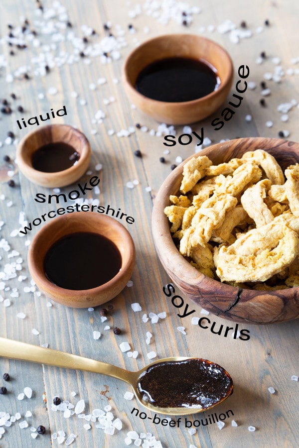 Philly cheesesteak diagram with soycurls, no-beef bouillon, wocestershire, liquid smoke, and soy sauce