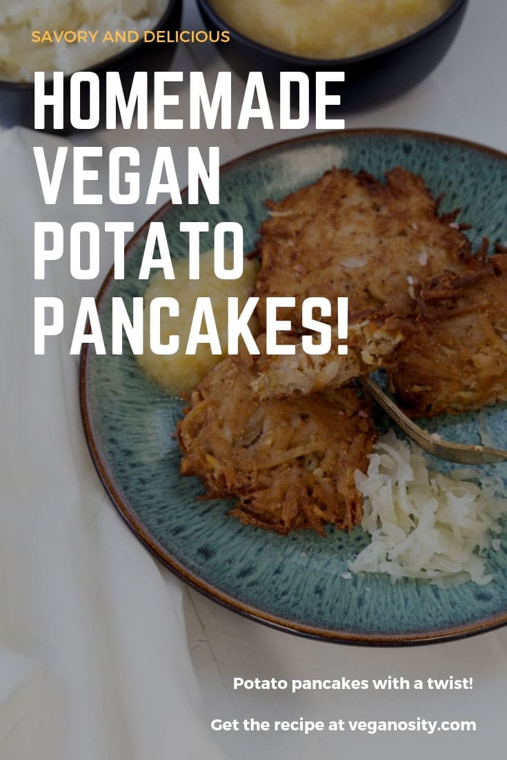 Crispy, savory, and delicious homemade vegan potato pancakes! Perfect for the holidays! #vegan #potatopancakes #holidayfood