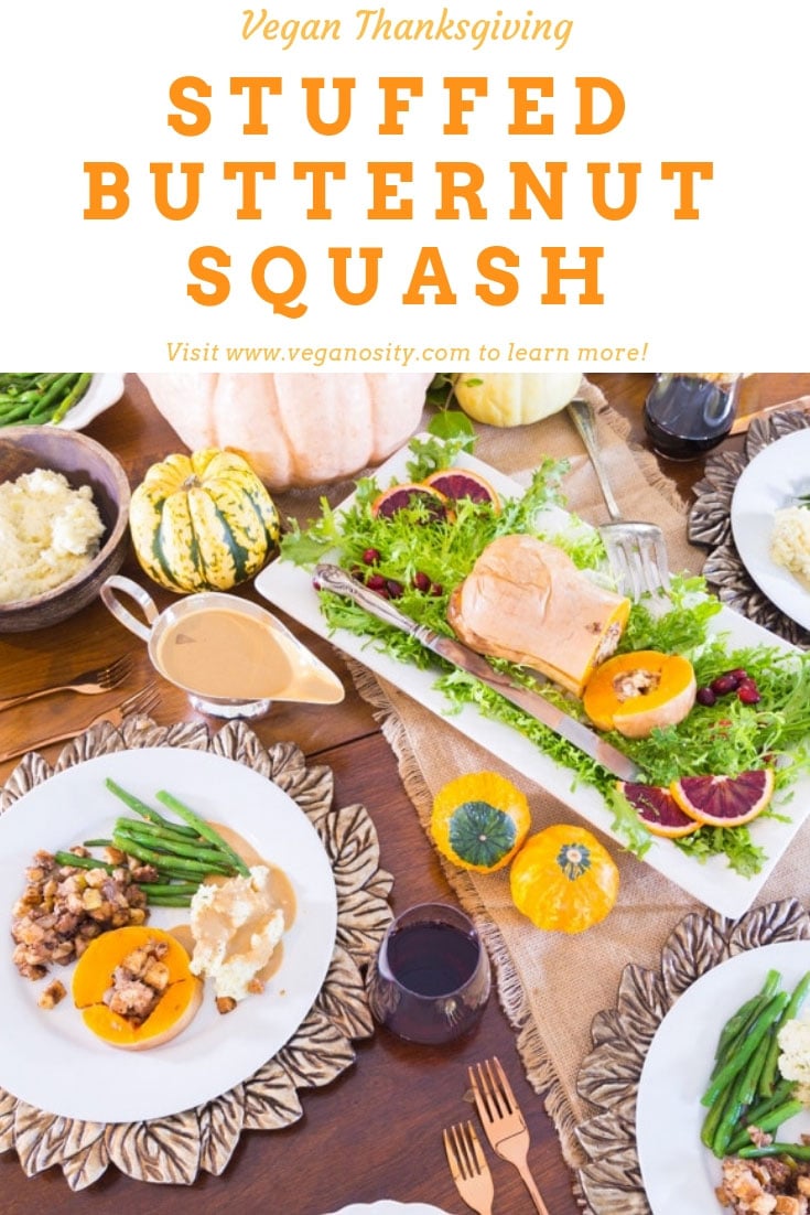 Our Stuffed Butternut Squash is the perfect whole food plant-based main course for your holiday table! #vegan #holiday #Thanksgiving