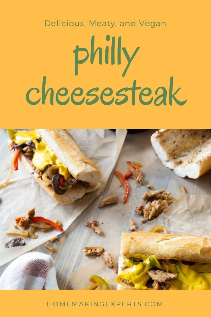 Our vegan Philly Cheesesteak is so meaty and delicious. Perfect for game day! #veganphillycheesesteak #sandwich #gamedayfood