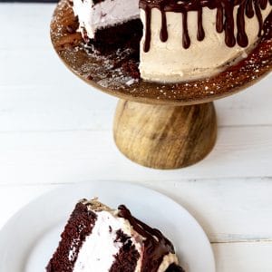 A slice of ice cream cake on a white plate with the whole cake on a wood cake stand behind it.