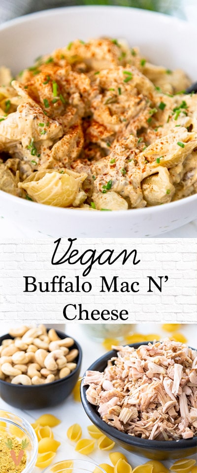 A PInterest pin for vegan buffalo mac and cheese with two pictures of the recipe.