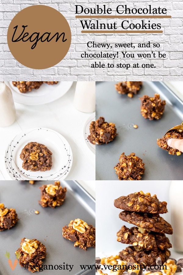 A PInterest pin for double chocolate vegan cookies with four pictures of the cookies.