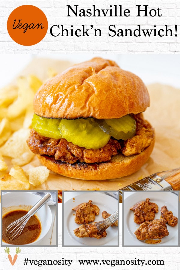 A PInterest pin for vegan Nashville Hot Chicken with several pictures of the chicken.