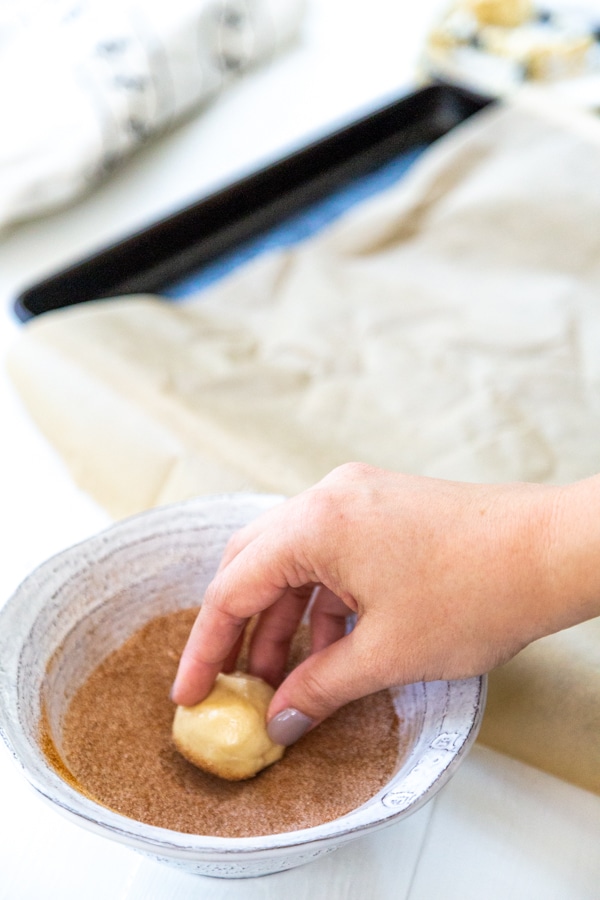 A hand rolling a ball of cookie dough into a bowl of sugar and cinnamon.