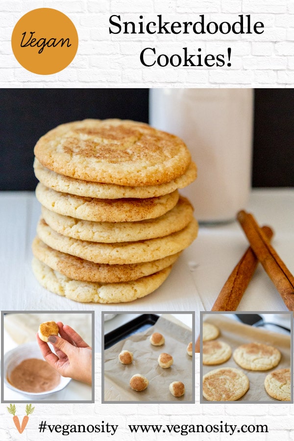 A PInterest pin for vegan snickerdoodle cookies with four pictures of the cookies.