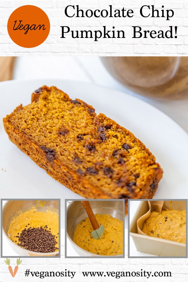 A PInterest pin for vegan pumpkin chocolate chip bread with four pictures of the bread.