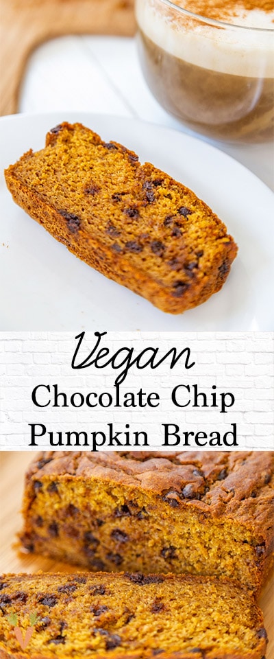A Pinterest pin for vegan chocolate chip pumpkin bread with 2 pictures of the bread.