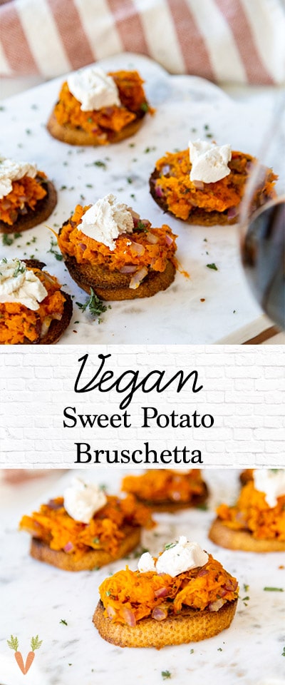 A Pinterest pin for vegan sweet potato bruschetta with 2 pictures of the appetizer.