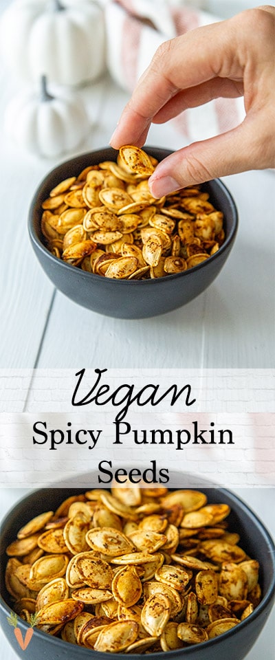 A Pinterest pin for roasted pumpkin seeds with 2 pictures of the seeds. 