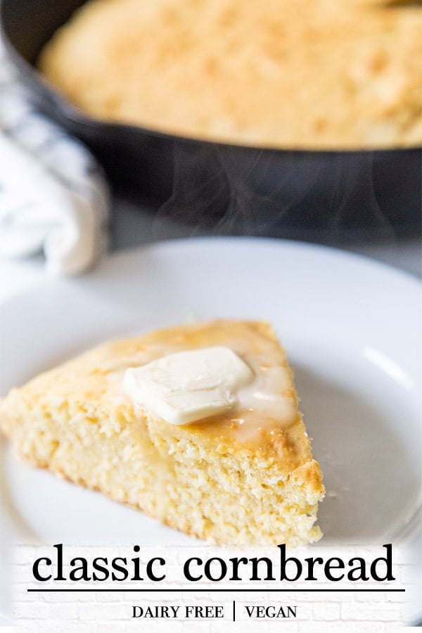 A Pinterest pin for classic cornbread that's vegan, with a picture of sliced cornbread and the rest in an iron skillet.