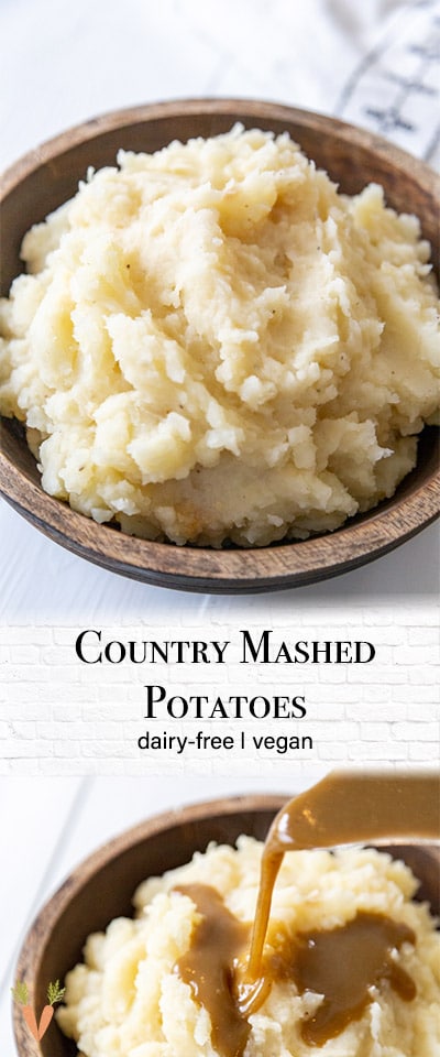 A Pinterest pin for vegan mashed potatoes with 2 pictures of the potatoes in a wooden bowl, one with gravy.