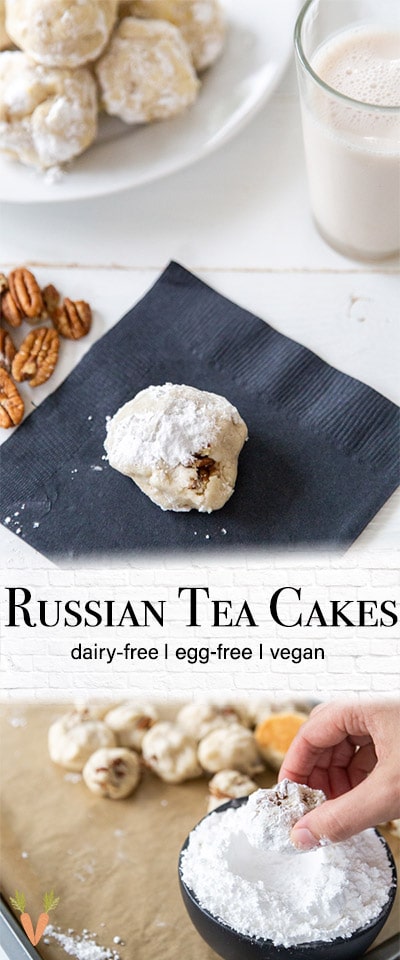 A Pinterest pin for vegan Russian Tea Cake cookies with two pictures of the cookies.