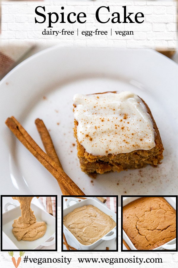 A Pinterest pin for vegan spice cake with 4 pictures of the cake.